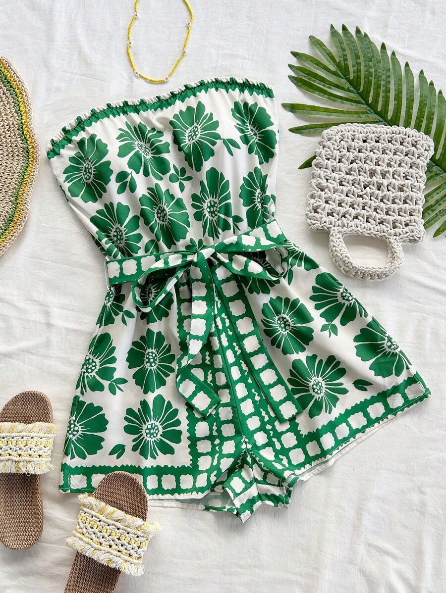 Soleia Green & White Print Halter Romper, Vacation Style - Green - View 1