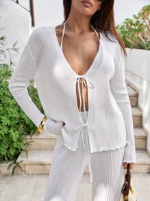 EURMUSE Light Green Tie-Front Cardigan And Pants Set - Beige - View 1