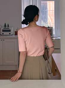 女士纯色修身优雅针织汗衫，返校服装 - 粉色 - 查看 2