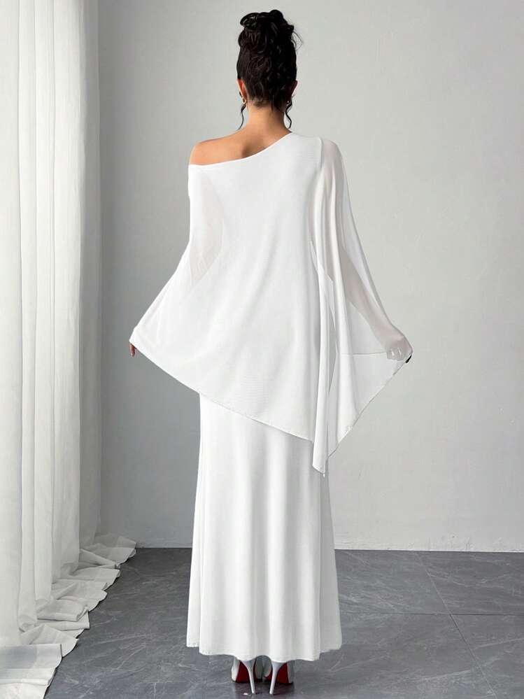 Vestido Longo Plissado em Linha A Elegante, Charmoso e Romântico, com Tule Floral 3D, Perfeito para Encontros, Danças e Festas - Branco - Visão 7