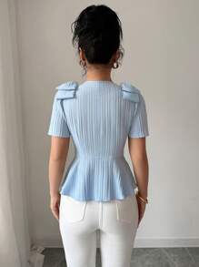 Elenzga Áo cánh nữ cổ chữ V thiết kế nơ hở phía trước vải dệt trơn màu thanh lịch tinh tế dành cho người lớn trẻ tuổi đa năng giúp thon gọn - Màu xanh lam - Xem 2