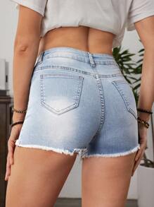 EMERY ROSE Women's Casual Ripped Fringe Hem Denim Shorts