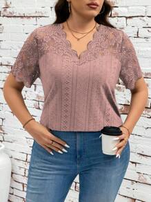 SHEIN Clasi Plus Size Casual Plain Color Lace Patchwork Short Sleeve T-Shirt