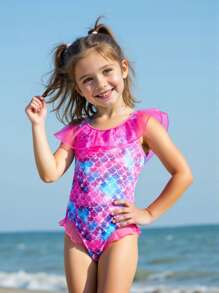 Young Girl Scaly Print Contrast Mesh Ruffle Hem One-Piece Swimsuit - Multicolor - View 1