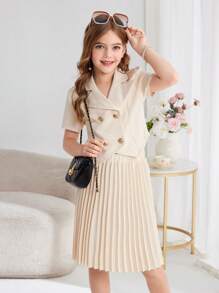 SHEIN Nova Glow Tween Girls Fashion Street Style Casual Solid Color Short Sleeve Cardigan & Pleated Hem Skirt Set Graduation Outfit - Apricot - View 3