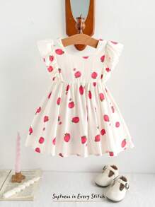 Cozy Pixies Baby Girl Strawberry Pattern Square Collar Ruffled Waist Dress - Multicolor - View 4