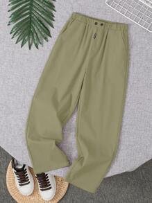Tween Boy Casual Solid Color Woven Pants,Kids - Army Green - View 3