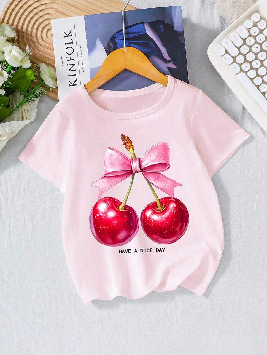 Tween Girls' Cherry Print Short Sleeve Casual T-Shirt, Summer - Baby Pink - View 1