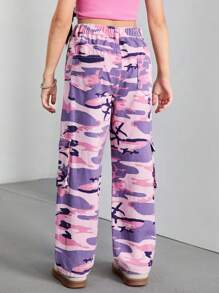 SHEIN Tween Girl Y2K Streetwear Cool Camouflage Print Flat Pockets Elastic Waist Cargo Slim Fit Jeans