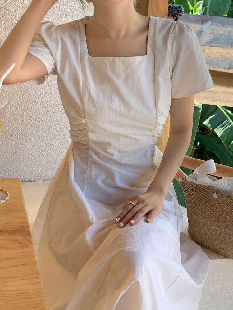 Women Solid Color Small Square Collar Patchwork Pleat Waist Short Sleeve Long Dress, White, Spring/Summer,Casual Women Dresses Maxi Dress