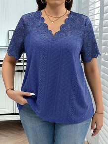 SHEIN Clasi Plus Size Casual Solid Color Lace Patchwork Short Sleeve T-Shirt - Blue - View 7