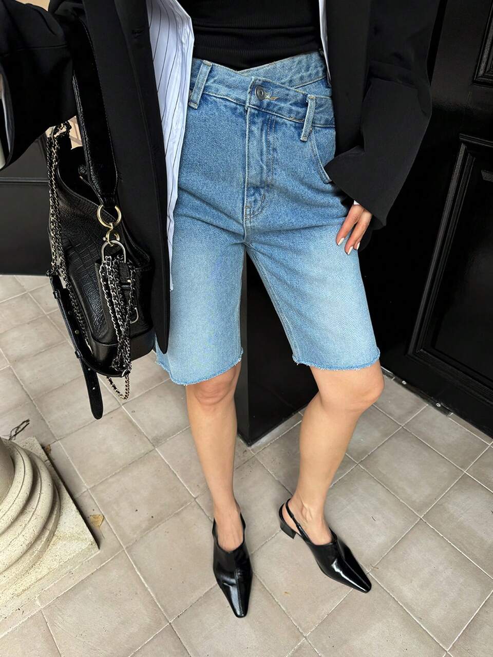 Women's Casual Loose Asymmetrical Waist Denim Shorts Jorts