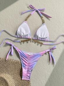 Soleia Pink Summer Casual Beach Vacation Holiday Women's Multi-Color Tie Dye V-Neck Metal Shell Chain Decor Halter Bikini Set,Tropical Style Swim Suits - Multicolor - View 2