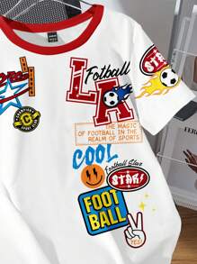 SHEIN EZwear 休闲简约运动 T 恤，足球风格徽章和 LA 字母图案圆领宽松短袖 T 恤，适合女士，适合夏季 - 彩色 - 查看 3