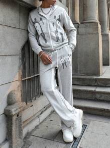 PAVTROS Manfinity Streetrush Men's Character Print Zipper Hoodie And Pants 2 Pieces Set - Grey - View 3