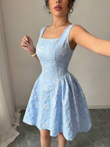 Elenzga Nuevo vestido sin mangas para mujer, cuello cuadrado, bajo en línea A con textura fruncida, tela floral tejida, unicolor, elegante y versátil minivestido delicado de cintura estilizadora para uso diario casual y de oficina