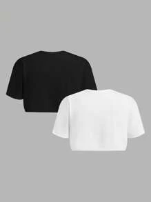 SHEIN EZwear 2 piezas Chaqueta de manga corta de apertura delantera para mujer de talla grande en negro y blanco