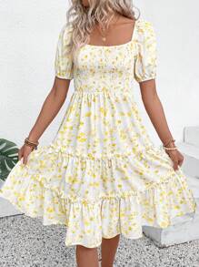 Breezaya Abito da donna a collo quadrato semplice e alla moda con maniche corte, adatto per l'estate, abito giallo da donna