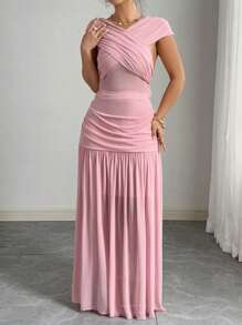 SHEIN Unity 1 套加大码纯色交叉裙，简约时尚，适合夏季 - 淺粉色 - 查看 3