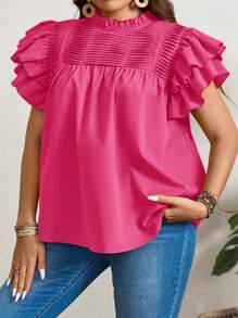 SHEIN LUNE Áo cánh tay lửng hai lớp màu trơn thường ngày cỡ lớn - Màu Hồng Tươi - Xem 6