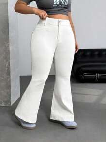 SHEIN ICON Plus Size Casual Versatile Solid Color Slim-Fit Flared Jeans - White - View 3