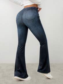 SHEIN PETITE Women's Overlapping Waist, Slightly Flared, Elegant Pockets, Natural Flared Trousers, Dark Trousers For Women