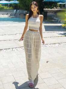 DAZY 2pcs Women Vacation Style Semi-Transparent Halter Top & Skirt Set,Beach Outfits - Apricot - View 2