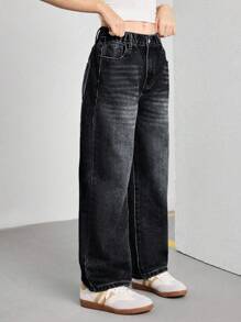 SHEIN Sparklyn Streetcool Tween Girl 复古宽松阔腿牛仔裤，休闲直筒牛仔裤 - 黑色 - 查看 4