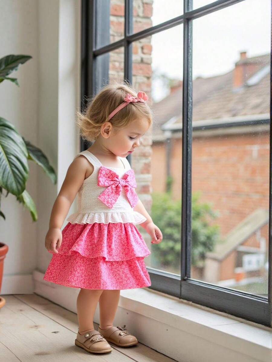 女婴无袖蝴蝶结背心和蛋糕泡泡裙两件套 - 玫紅色 - 查看 1