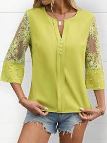 SHEIN LUNE 女士休闲及办公蕾丝珠饰衬衫 - 綠色 - 查看 5
