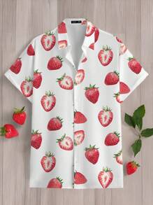 Manfinity RebelGame Plus Size Men's Casual Woven Strawberry Print Short Sleeve Shirt, Suitable For Summer - White - View 1