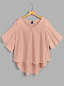SHEIN Clasi Plus Size Solid Color V-Neck Short Sleeve Shirt, High Low - Pink - View 1