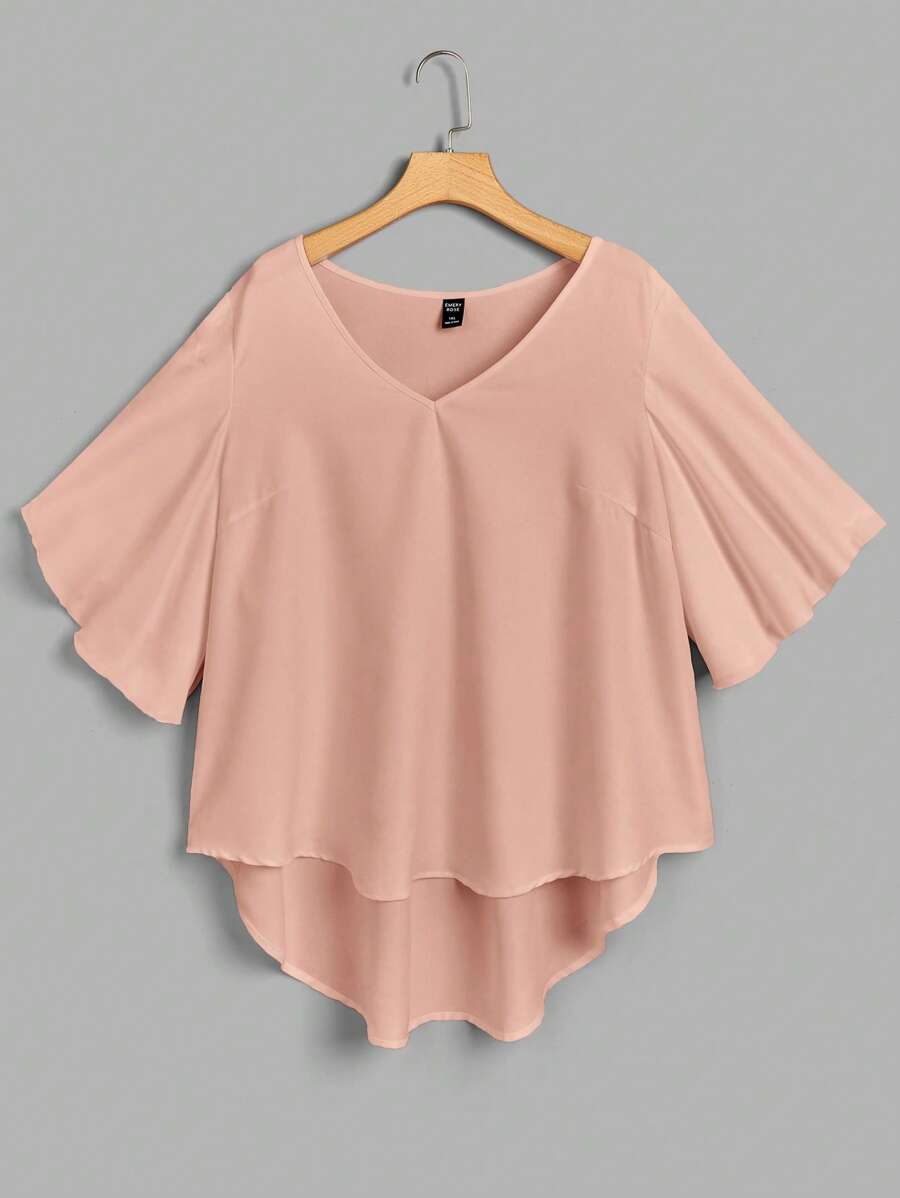 SHEIN Clasi Plus Size Solid Color V-Neck Short Sleeve Shirt, High Low - Pink - View 1