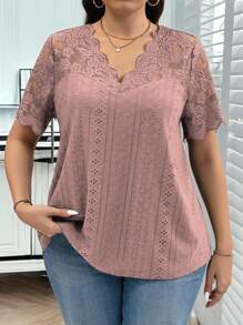 SHEIN Clasi Plus Size Casual Plain Color Lace Patchwork Short Sleeve T-Shirt