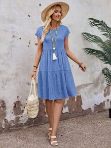 EMERY ROSE Women's Spring/Summer Solid Ruffle Hem Round Neck Short-Sleeve Dress Vacation Outfits Women,Bohemia