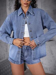 SHEIN EZwear Women's Casual Light Wash Denim Jacket With Round Neck And Wrist-Length Sleeves - Light Wash - View 3