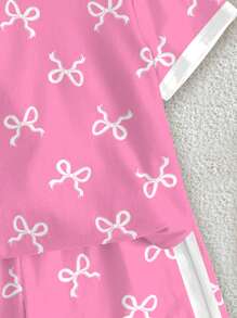 SHEIN 2Pcs Cute Sweet Pink Bow Printed Young Girl Casual Shorts Suit, Colorblock, Suitable For Summer - Multicolor - View 5