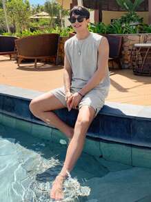 DAZY Summer Solid Light Grey Men's Tank Top Set - Light Grey - View 5