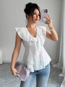 Elenzga Women French Style Floral Embroidery Cut-Out Cap Sleeve Asymmetrical Hem Fitted White Blouse, Summer - White - View 7