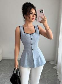 Elenzga 2025 新款复古风格夏季修身拼色方领无袖衬衫 - 霧霾藍 - 查看 3