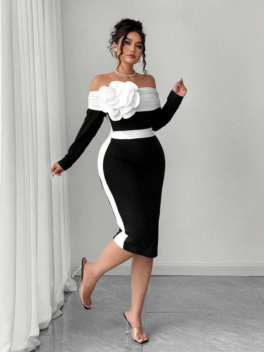 Elenzga Plus Size Elegant Off-Shoulder Floral Bodycon Dress, Spring/Summer Fall Cloth For Women - Black - View 1