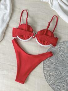 纯色细肩带钢圈上衣和泳裤两件套女士泳装套装，沙滩装 - 紅色 - 查看 2