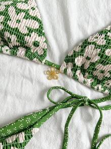 Swim Mod 2 件套夏季女士花卉印花吊带褶皱比基尼泳装带侧系带海滩度假泳装 - 綠色 - 查看 4