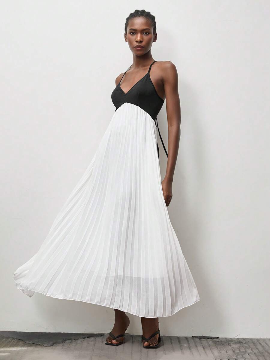 Lumivelle Sukienka damska z głębokim dekoltem V i blokami kolorów, plisowana, długa, szeroka, modna sukienka świąteczna - Czarne i Białe - Zobacz 1