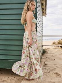 Aralina 夏季波西米亚风花卉印花多层抽绳腰部度假超长沙滩裙 - 彩色 - 查看 2