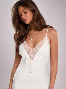 SHEIN BAE 女士优雅纯色蕾丝拼布细肩带连衣裙/白色蕾丝连衣裙，适合伴娘、返校、毕业典礼、度假、生日派对、情人节、婚礼嘉宾、早午餐 - 杏色 - 查看 8