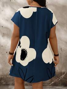 SHEIN LUNE Plus Size Floral Notch V-Neck Batwing Sleeve Summer Dress Boho Mini Drees Mother Day - Navy Blue - View 2