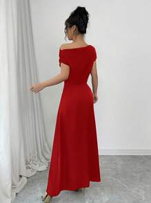 Elenzga 女士夏装，斜肩短袖，前褶上衣设计，不对称下摆前短后长，梭织面料，日常休闲百搭风格