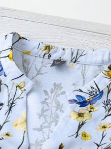 SHEIN LUNE Plus Size Women Floral Print Notch V-Neck Puff Sleeve Casual Blouse,Valentine - Multicolor - View 4