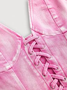 SHEIN MOD Women's Fashion Sexy Cross Strap Backless Halter Neck Denim Crop Top - Pink - View 3